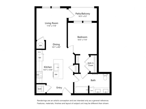 Floor plan for 1 bed, 1 bath, 707 sqft